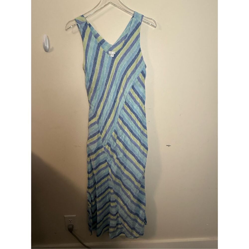 J. Jill Women's Love Linen Lotus Maxi Dress Baja Stripe Coastal Beach Small Blu